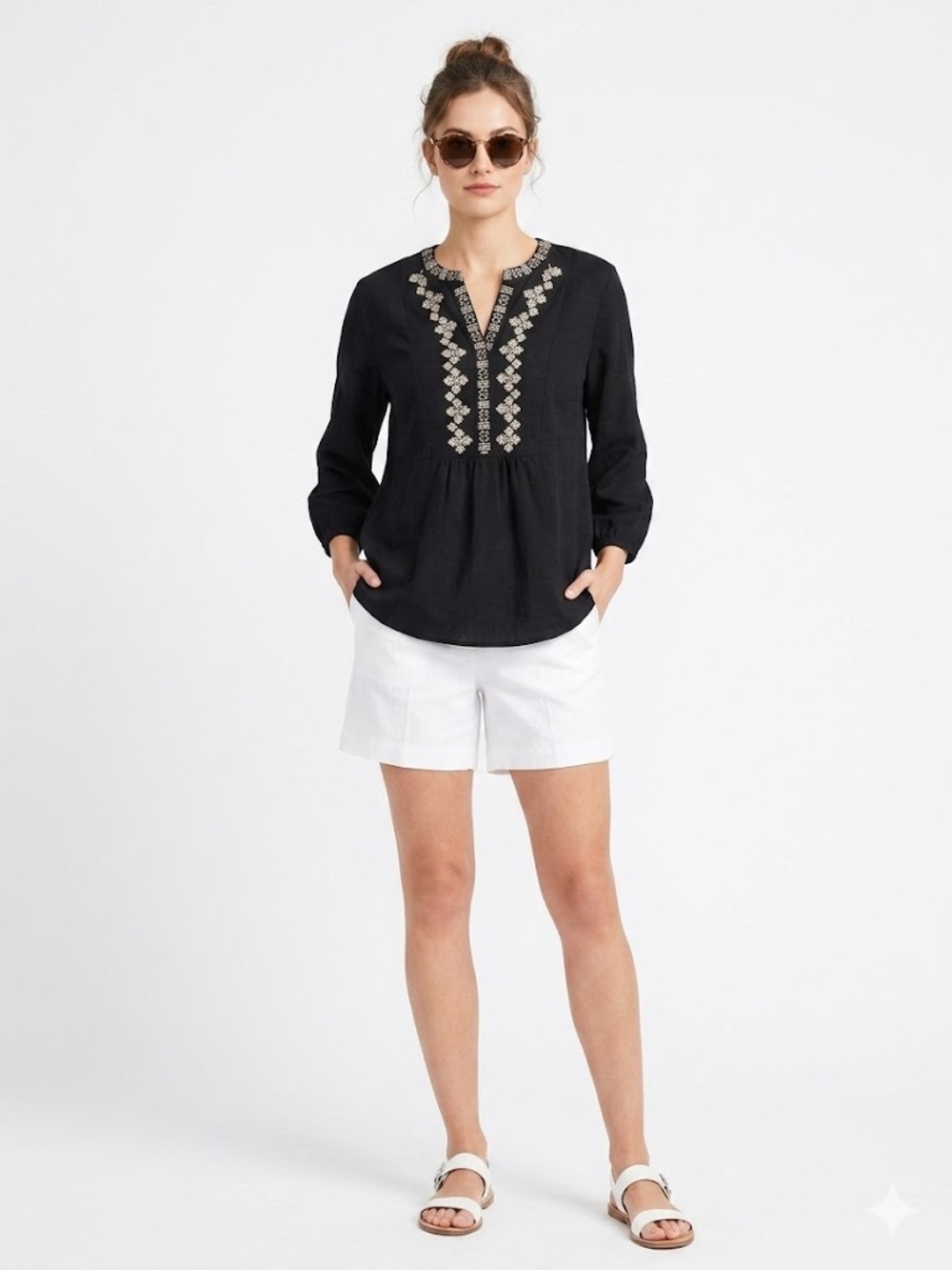 I.N. Studio Black Embroidered V-Neck Tunic